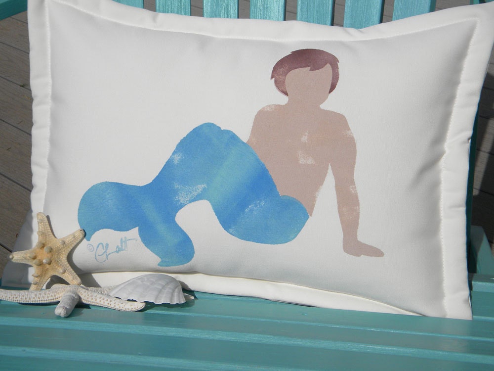 SHIPS TOMORROW Merboy indoor outdoor pillow 14"x20" lumbar merfolk coastal ocean beach merman scales Neptune nautical sea siren merpeople