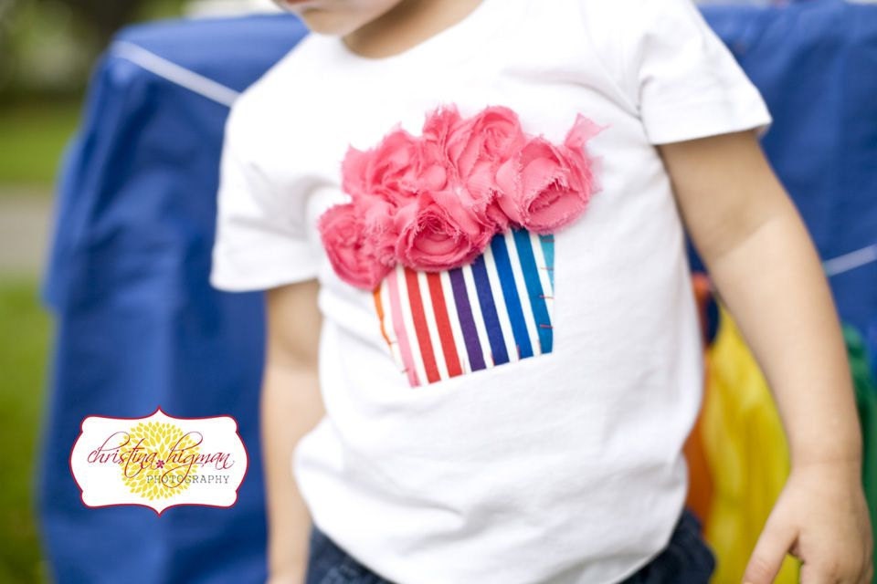 RAINBOW PARTY Cupcake Shirt with Rosette Flower Icing Sizes 12m-6T Great for the Birthday Girl