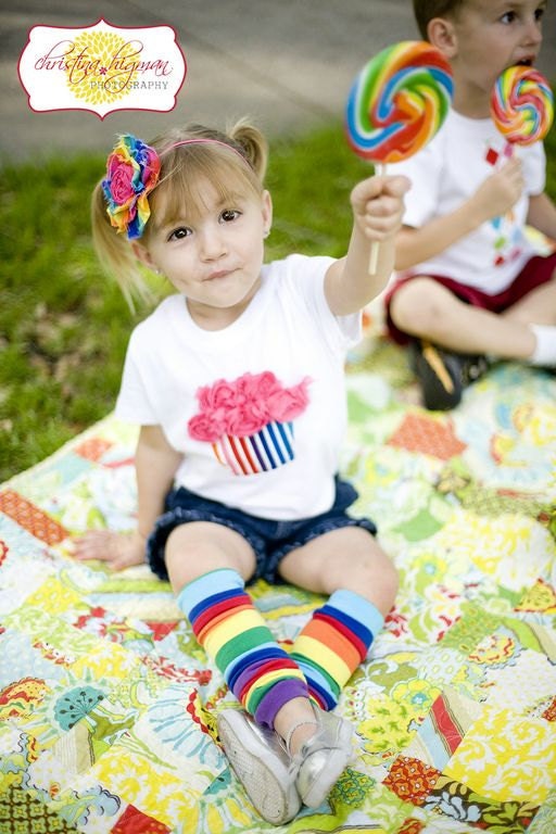 RAINBOW PARTY Cupcake Shirt with Rosette Flower Icing Sizes 12m-6T Great for the Birthday Girl