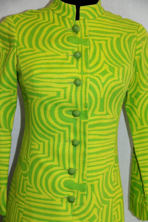 SALE - Psychedelic Vintage 1960s Dress and Coat XS Lime Jello MOD
