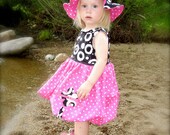 Polly Polka Dots Pink N Black Flower Applique Bubble Style Girls Dress Newborn-3T