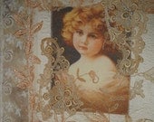 Vintage Lace Little Angel Girl Textile Mixed Media Wallhanging Art