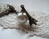 Pearl and Eiffel Tower Charm Necklace, The Moon and Eiffel Tower, Paris Themed Jewelry, Paris Wedding, Bridesmaid Gifts, Bridal Jewelry