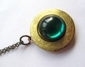 Emerald Green Locket, Long Necklace Round Vintage Locket