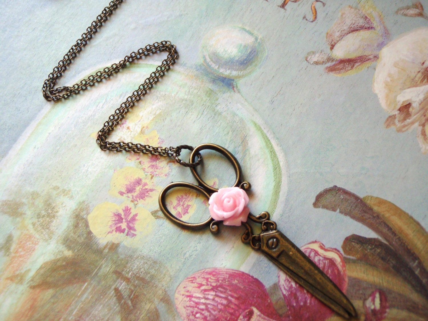 Scissor Necklace with Pink Rose Bronzed Scissor Charm Necklace Seamstress Hairdresser Gift