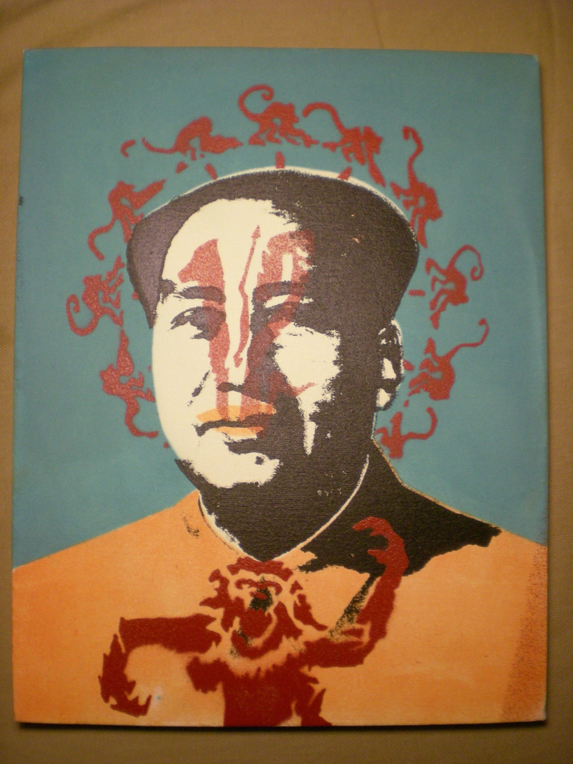 12 Maonkeys Warhol's Mao Glow in the Dark Orange & Blue  Painting 11x14 GID Monkeys