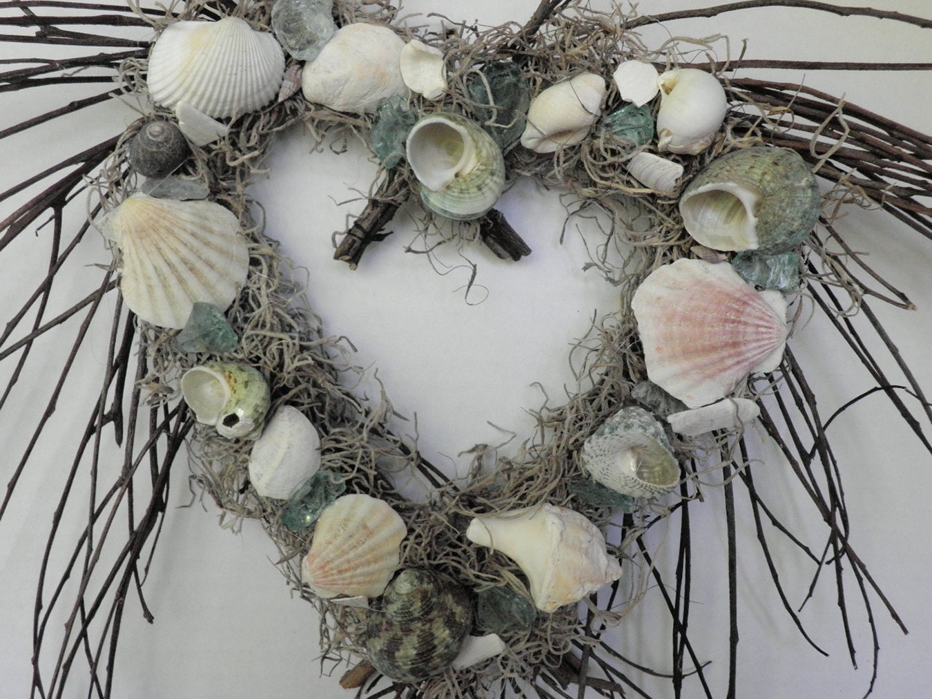 Heart Seashell Wreath with seashells and sea glass for beach lovers, nautical theme decor, beach decor, coastal decor