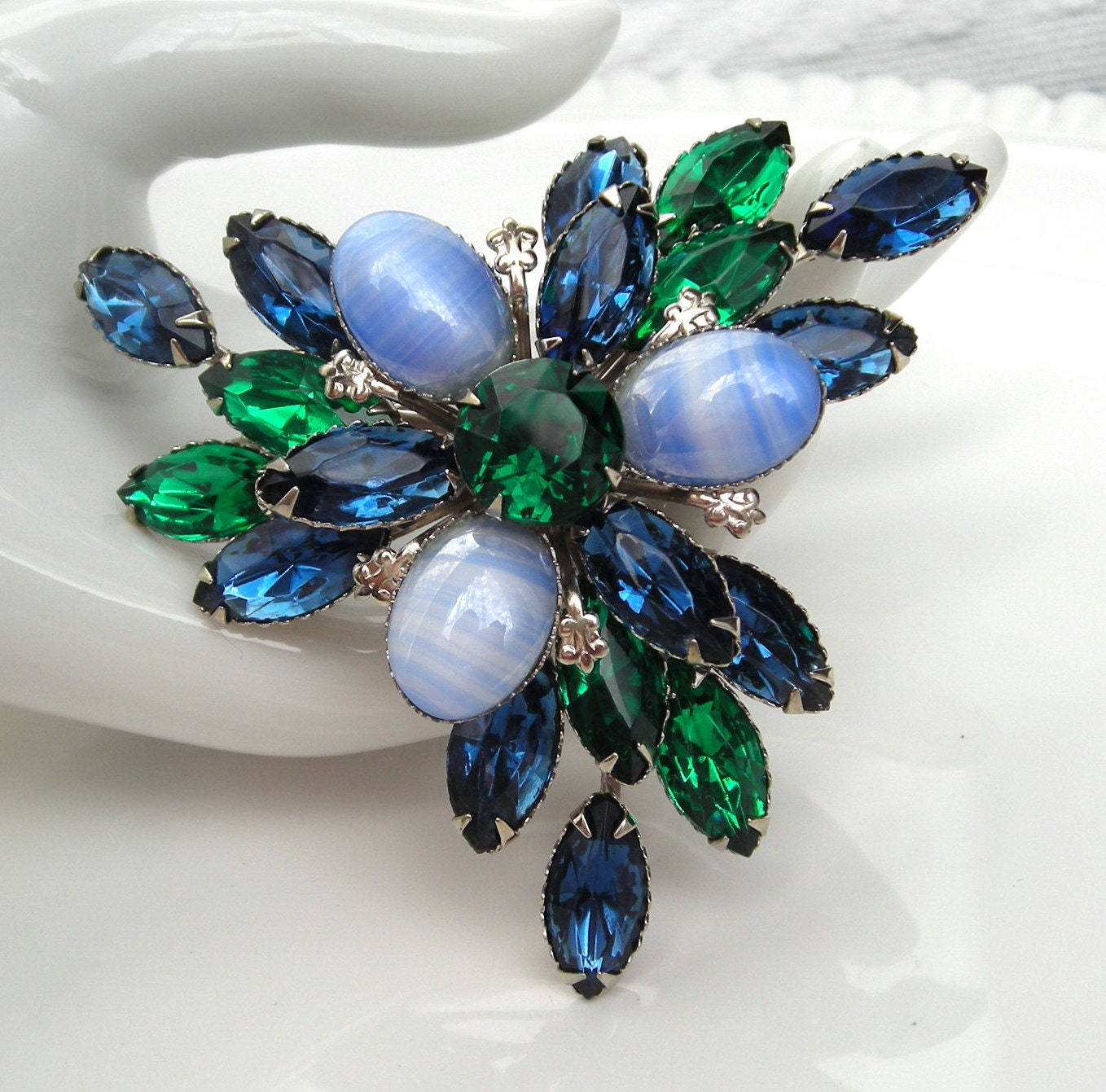 RESERVED Vintage Blue Green Rhinestone Brooch