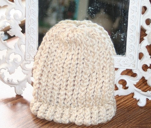 Hand Knit Light Tan Organic Cotton Baby Hat (0-3 months)