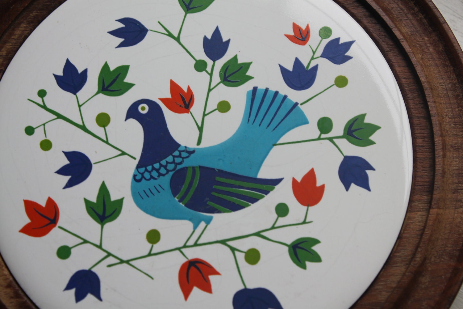 Vintage Quail Trivet - Hot Plate with Wooden Bottom