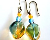 Orange Blue Glass Spring Earrings - Clear Glass, Spring Flowers, Yellow, Orange, Blue, Green