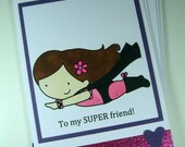 Girl Superhero Supergirl Mini Valentine Cards Set of 8 - Handcolored Love Lunchbox Notes