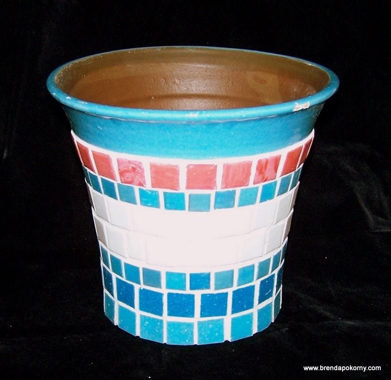 Seaside Aqua and Rose Mosaic Planter Flower Pot