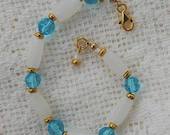 Lulea Czech and Milk Glass Bead Bracelet in Aqua and White