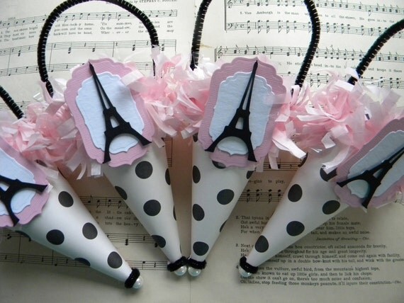 Eiffel Tower Tussie Mussies - Paper Cones - pink and black - Paris Party Favor - Paris Party Decor