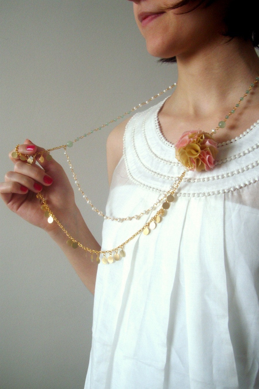SALE- Spring Necklace with Silk Flower, Pearls and Jade