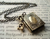 Book  Necklace, Locket in Antiqued Brass with Glasses Charm, Geekery, Librarian, Pendant Necklace, Nerd Jewelry
