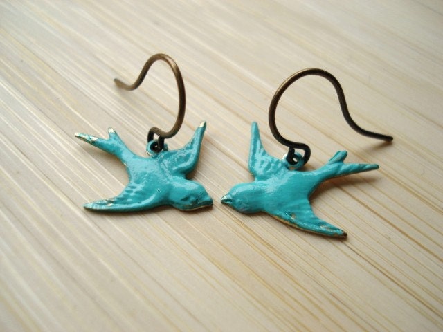 Bird Earrings, Blue Swallow Charms on Antiqued Brass, Dangle Earrings, Bluebird, Drop Earrings, Everyday Jewelry