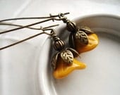 Flower Earrings -- Mustard Yellow Blossoms on Antiqued Brass Dangles -- Mustard Blooms