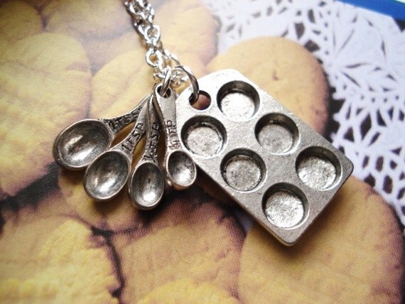 Bakers Necklace, Silver Muffin Pan and Measuring Spoon Charms, Pendant Necklace, Gift for Mom, Cooking Jewelry,