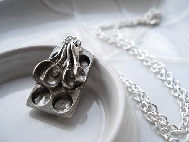 Bakers Necklace, Silver Muffin Pan and Measuring Spoon Charms, Pendant Necklace, Gift for Mom, Cooking Jewelry,