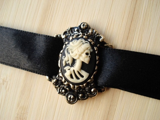 Skeleton Necklace, Cameo on Black Satin Choker, Horror, Gothic, Costume, Halloween Jewelry