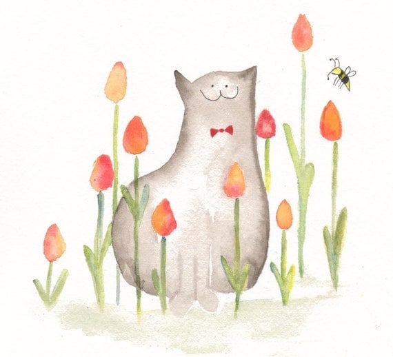 April - Cat and tulips watercolor, cat in garden, spring, whimsical, fat smiling cat with bow tie, red and orange
