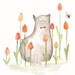 April - Cat and tulips watercolor, cat in garden, spring, whimsical, fat smiling cat with bow tie, red and orange