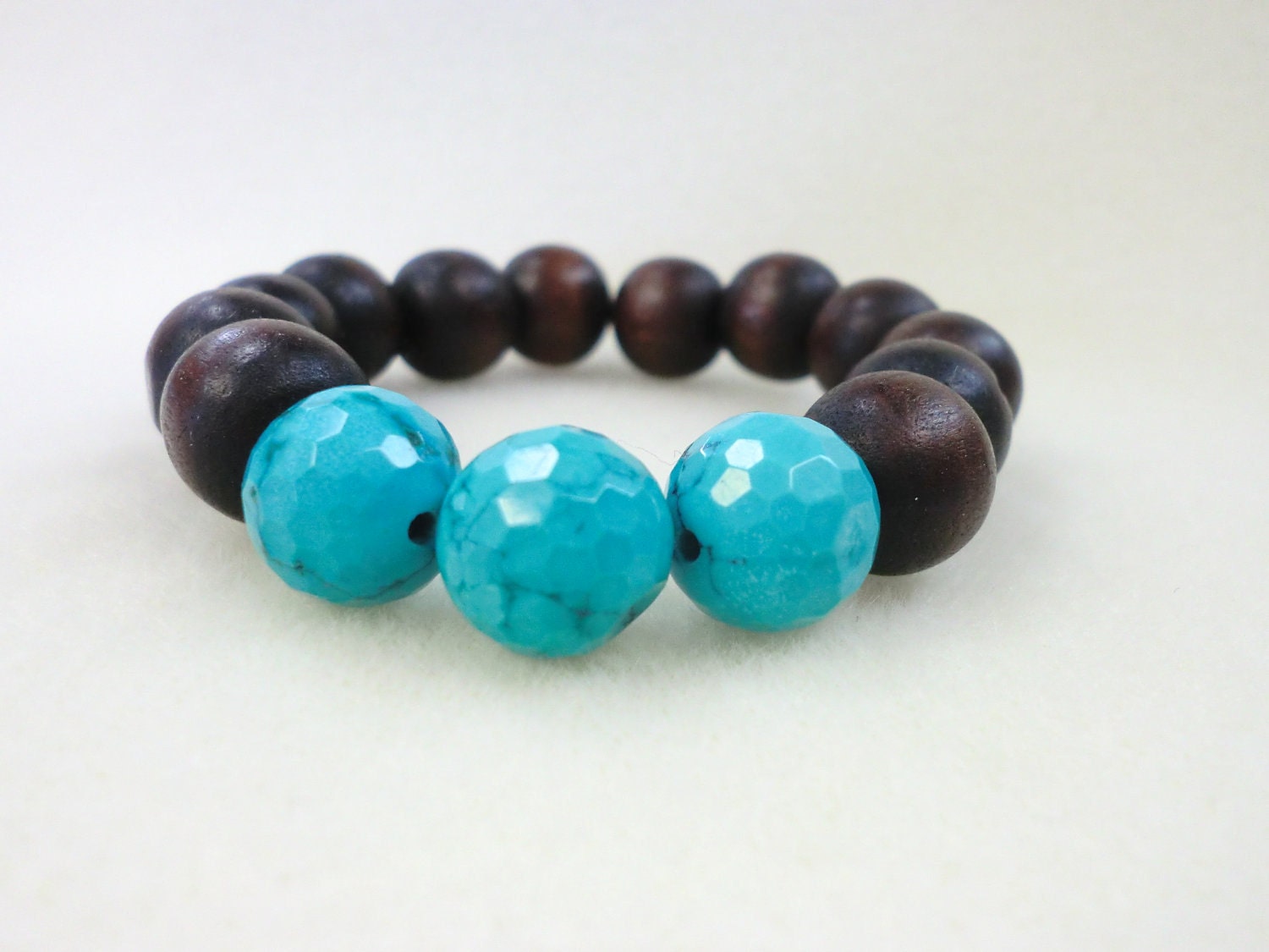 Natural Dark Wood with Disco Faceted Turquoise Rounds