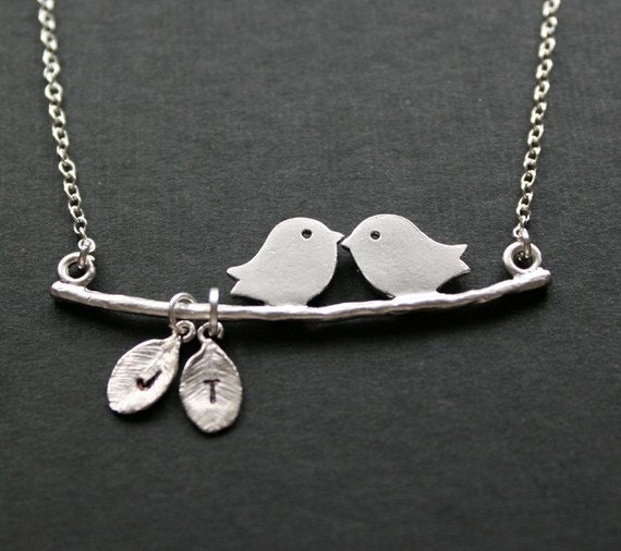 Initial necklace - Family Love Birds engraved necklace, personalized leaf monogram, mothers day gifts for mom daughter sister friend