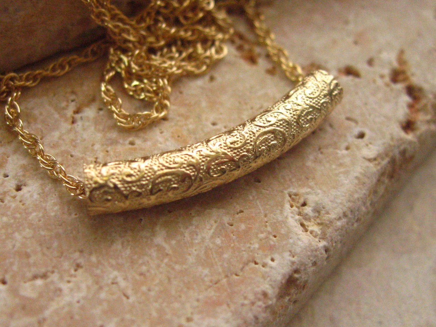 Gold Necklace - 14kt Gold Fill Curved Tube - - 16"  14KT Gold Fill Rope Chain- - Necklace - - Gift