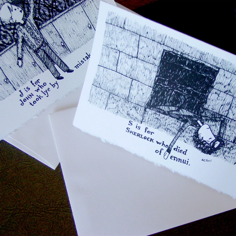 Sherlock Holmes and John Watson - Handmade Cards in the Style of Edward Gorey