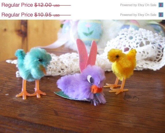 On SaLe SaLe 3 Antique Chenille Easter Decorations Chicks & Rare Purple Bunny-Free Shipping