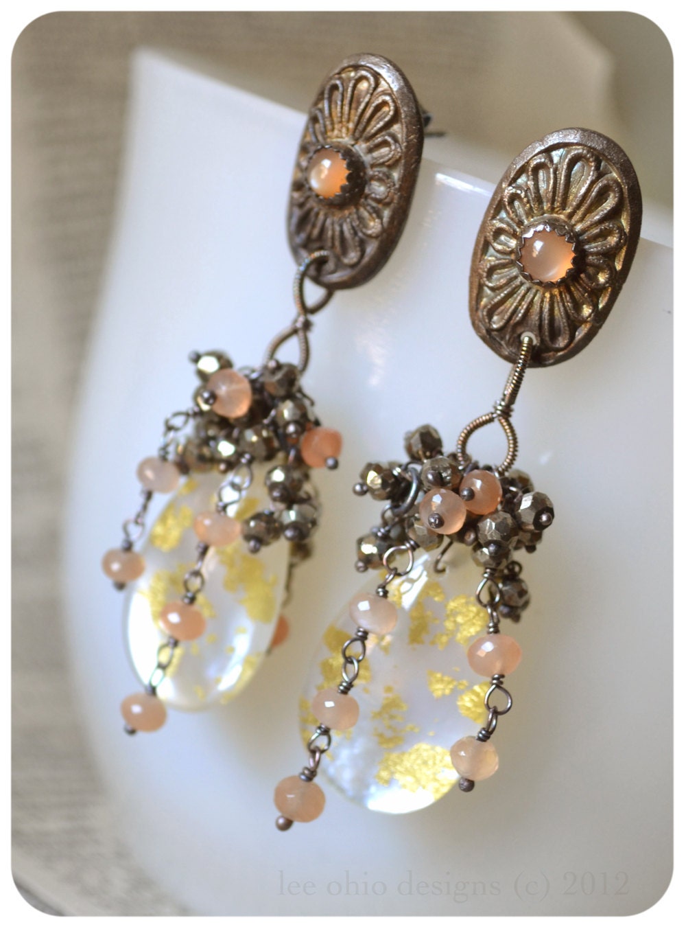 SALE Edwardian wedding Mother of Pearl chandeilier earrings, Vintage inspired peach posts, 'Lavinia'