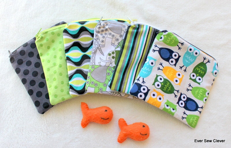 Cloth Snack Bag Reusable ZIPPER TOP - BPA Free Michael Miller Lagoon and Robert Kaufman Owls Set Of 6