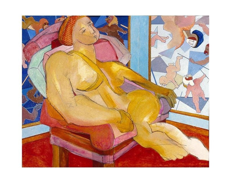 NUDE LISTENING 1- art card, paper goods, blank card, notecard, nude, contemporary art, artwork, envelope, home decor, print