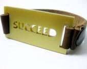 SALE Lasercut bracelet - gold plexiglass jewelry - succeed identity - brown leather strap