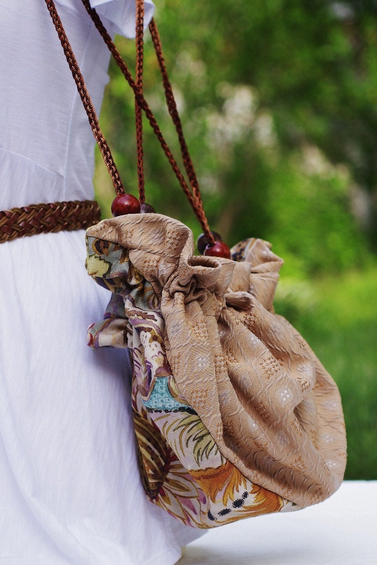 Reclaimed Up-cycled Material Kinchaku-style Shoulder Bag- medium size