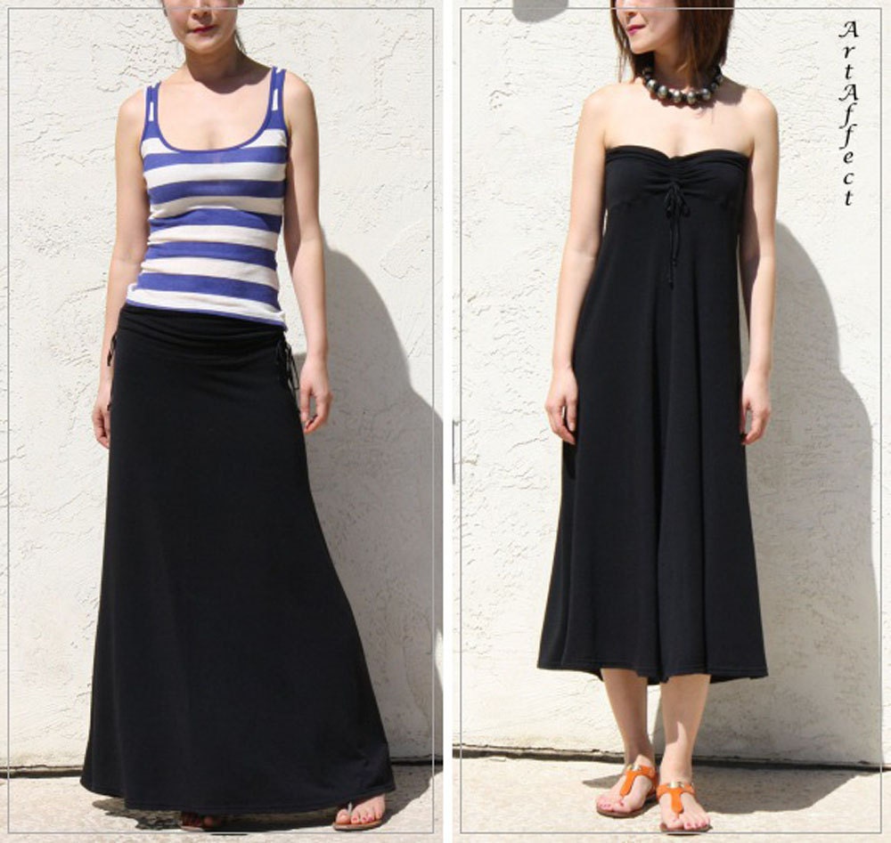 Two Way Maxi Skirt and Dress with draw strings - Black Modal