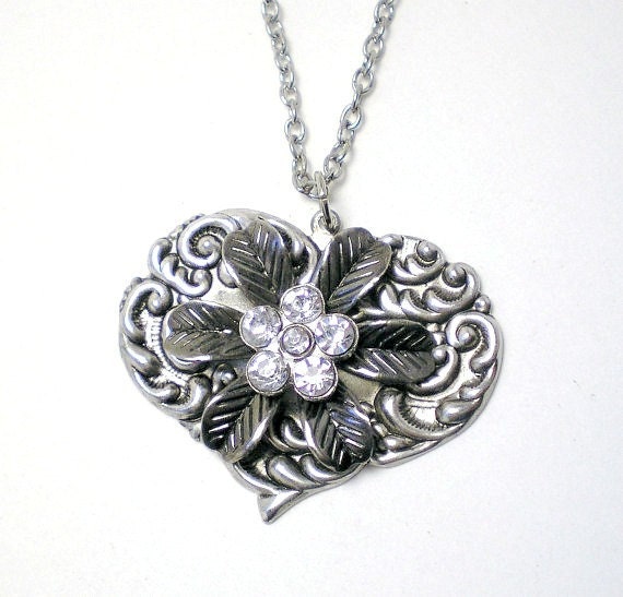50% Off Vintage Look Silver Pendant Floral Heart Rhinestone Necklace-Great Gift - Downton Abbey