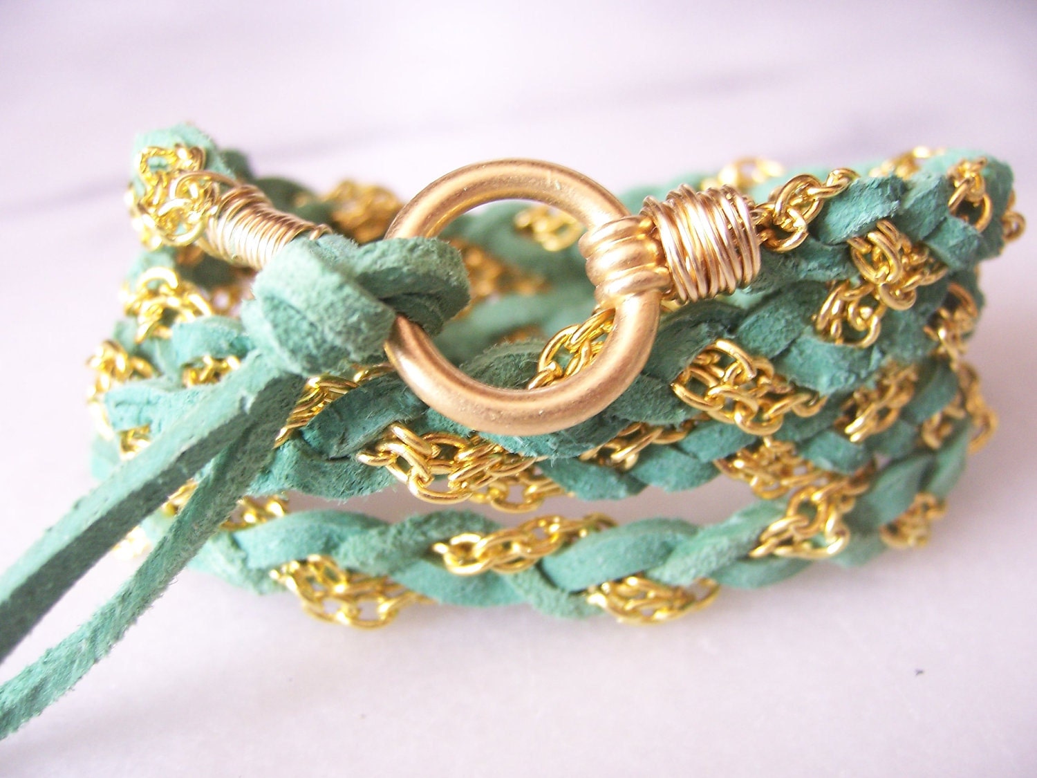 Leaf Green, Soft Suede Leather Wrap Bracelet, Leather and Chain Bracelet, Cuff, Anklet, Necklace, Bridemaids Gift