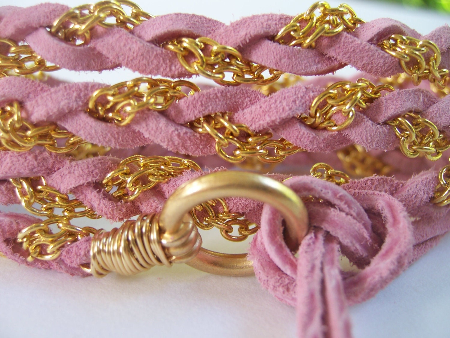 Pretty in Pink, Blush, Soft Suede Leather Wrap Bracelet, Wire Wrapped, Non Tarnish, Gold, Anklet, Lariat