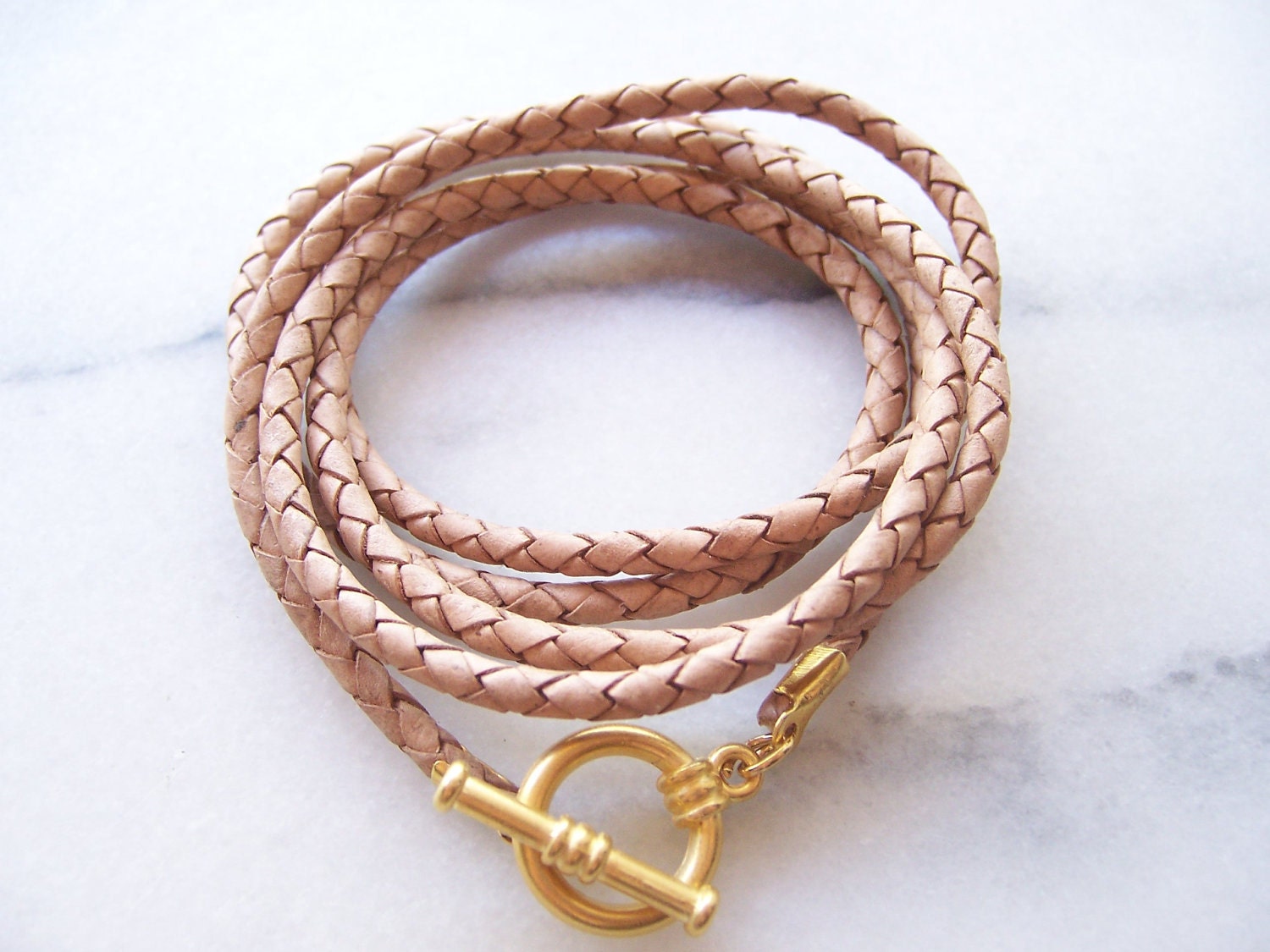 Friendship Bracelet, Natural Nude Braided Leather Cord Bracelet with Matte Gold Toggle Clasp
