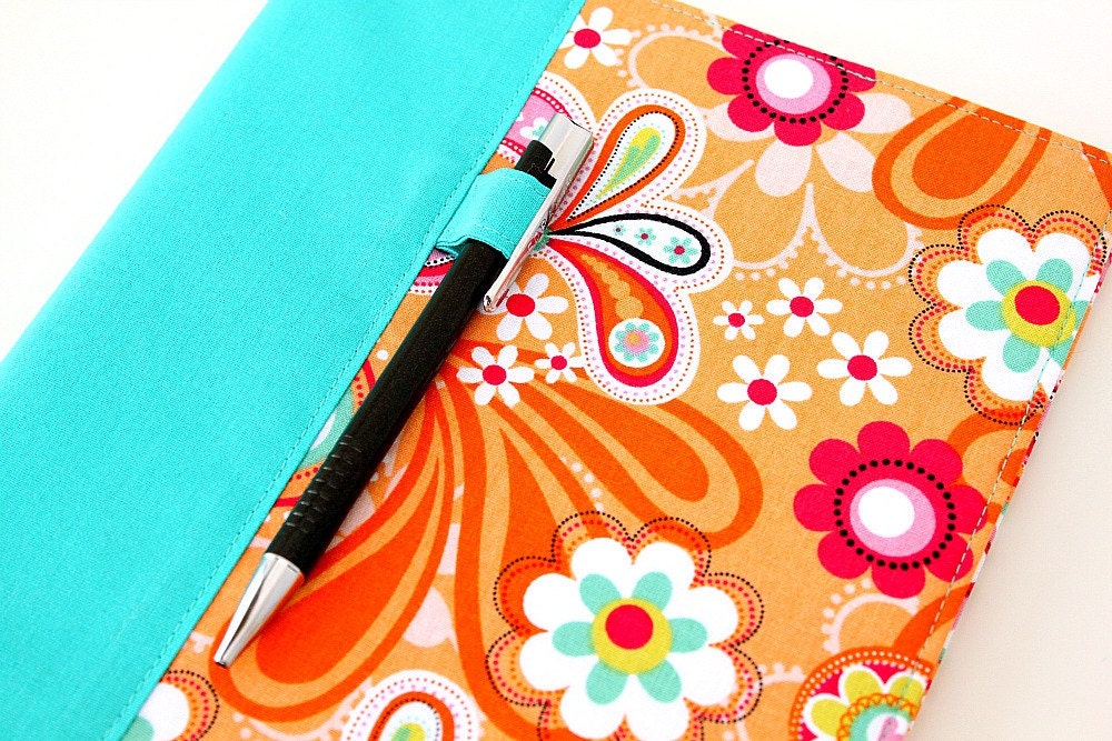 SALE Composition notebook cover - fabric cover - includes pen - Orange Paisley Bird (LAST ONE)