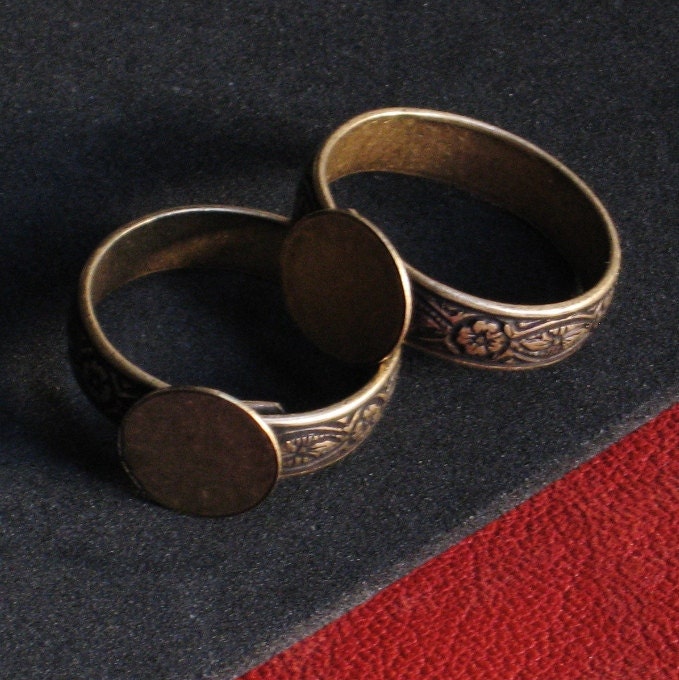 Ring Blanks 6 Antique Gold Brass Bases HIDDEN Adjustable to size 10 large 1st Quality NO black spot at end of band Oxidized Floral Texture