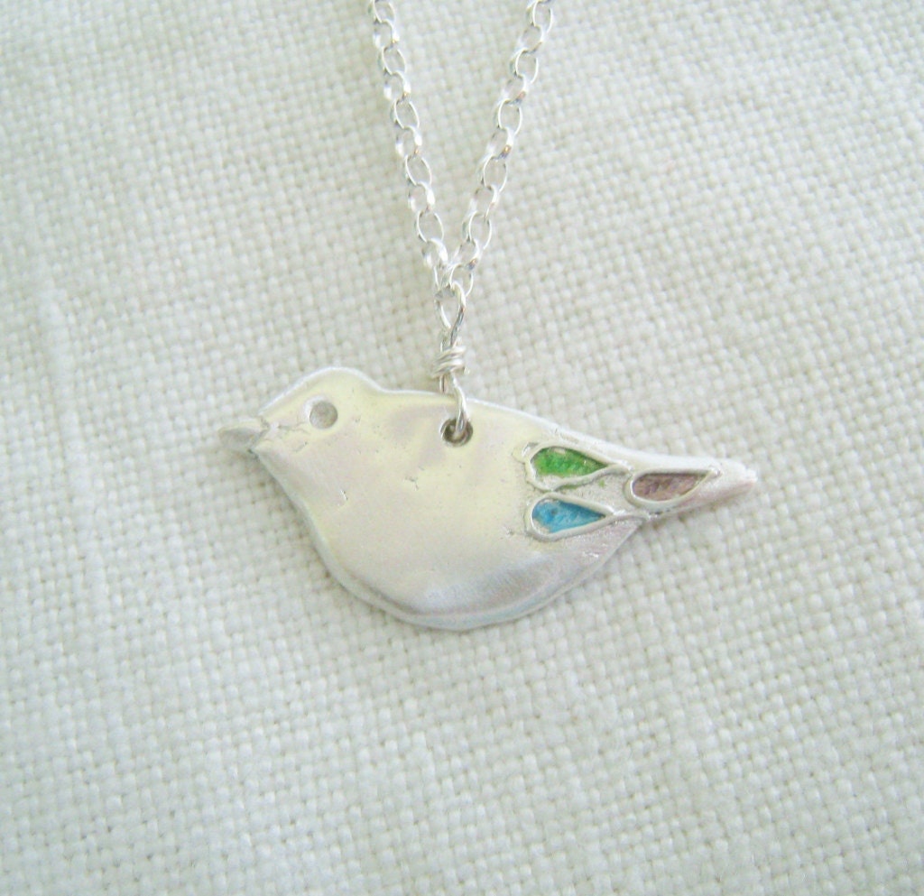 Handmade fine silver and enamel bird necklace