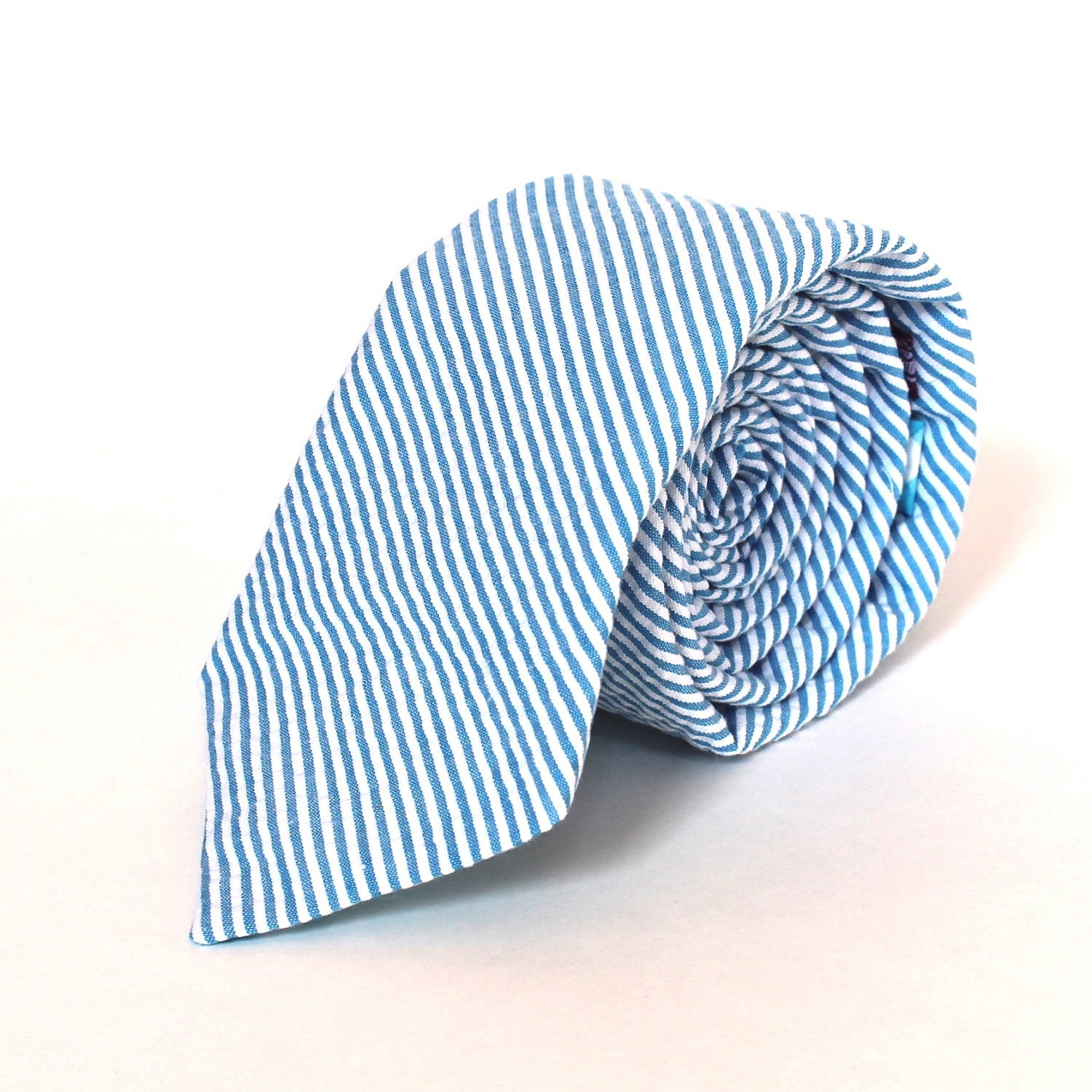 Men's Tie - Turquoise Seersucker - Aqua Blue and White Stripe Necktie
