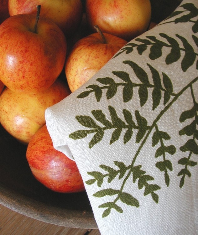 Organic Linen Tea Towel- Hand Screen Printed with Fern Design in Moss Green