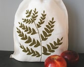 Organic Linen Drawstring Produce Bag- Screen Printed with Fern Design- Gift Bag