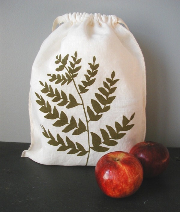 Organic Linen Drawstring Produce Bag- Screen Printed with Fern Design- Gift Bag